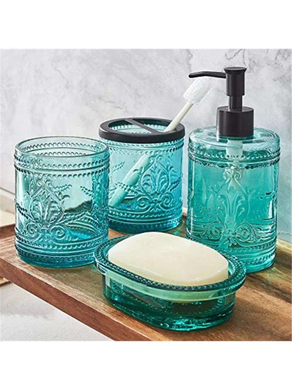 4PCs Teal Blue Glass Bathroom Accessories Set with Decorative Pressed Pattern